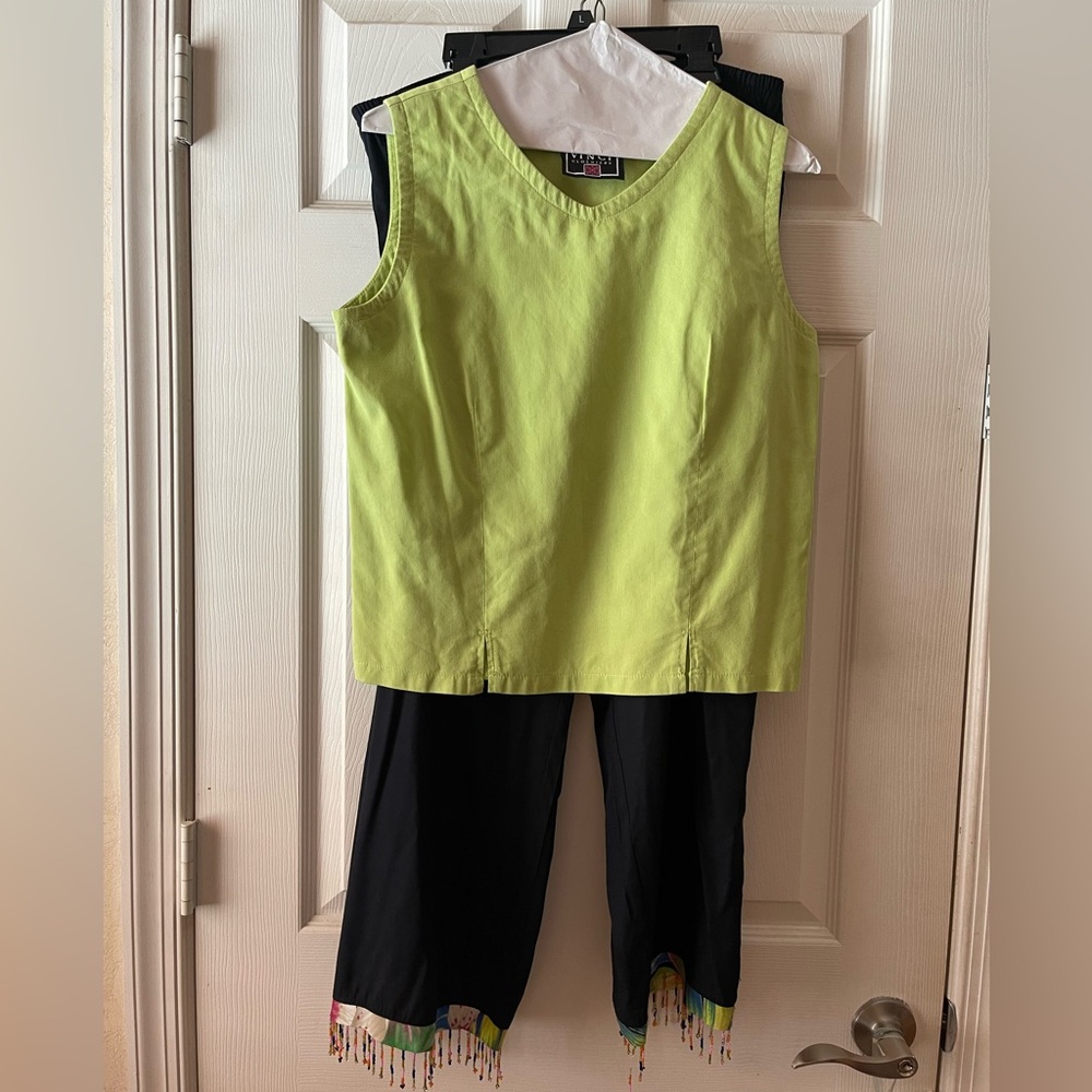 VTG 100% Cotton Small Yellow-Green Tank & Black Rayon Pants with Beaded Ankle, M